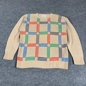 VTG Braemar Sweater Mens Medium Beige Colorful Plaid Pullover Cotton Retro 80s